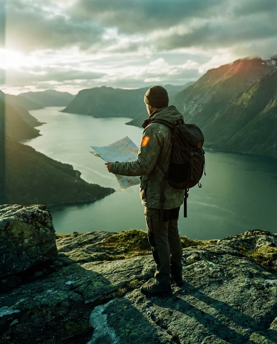 Georg mit Karte an einem Aussichtspunkt über dem Fjord