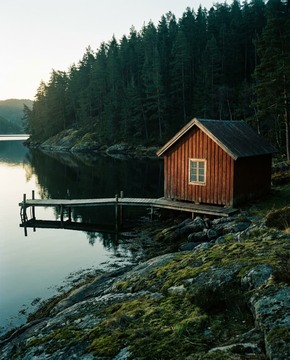 Eine rote Holzhütte am stillen Ufer eines Fjords