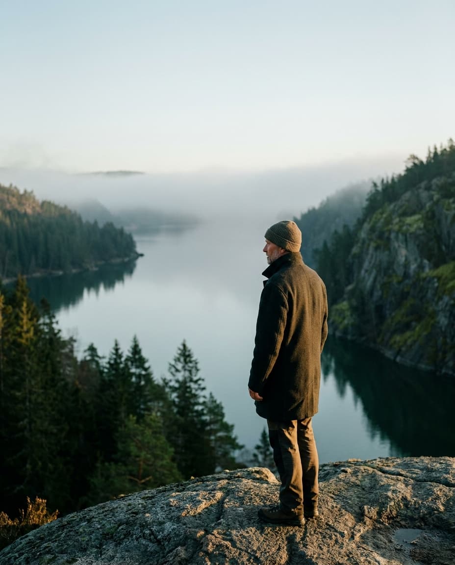 Georg an einem stillen Fjord im Norden Skandinaviens
