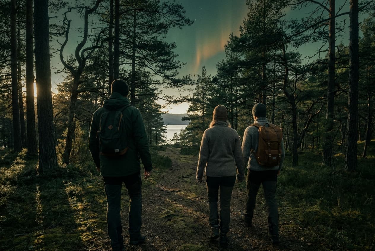 Georg begleitet ein Paar auf einem Waldweg zu einem stillen Fjordufer im Norden