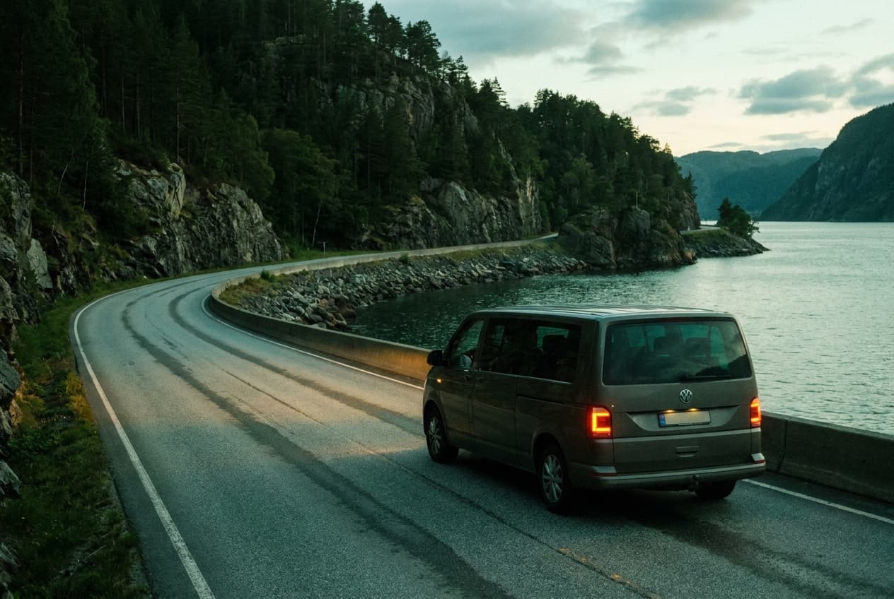 Reisefahrzeug mit Driver-Guide Georg auf einer Küstenstraße am Fjord im Abendlicht