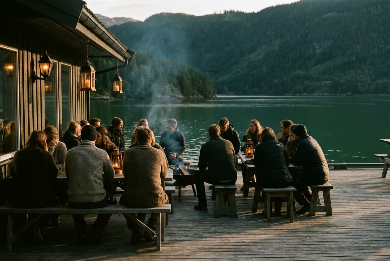 Firmengruppe auf einer begleiteten Incentive-Reise in nordischer Fjordlandschaft