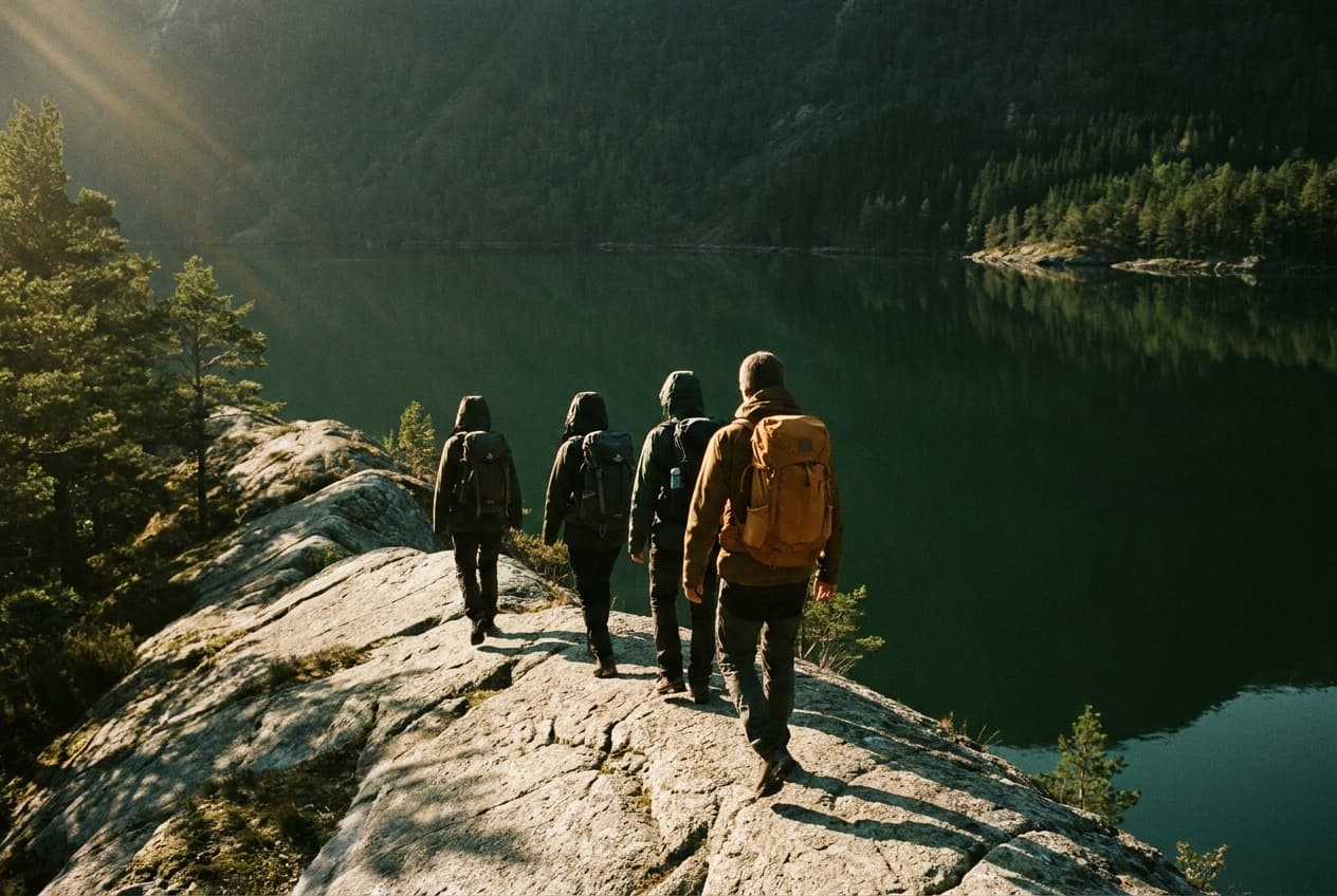 Geführte Reisegruppe wandert mit Reiseleiter Troll-Georg an einem Fjord in Skandinavien im goldenen Abendlicht